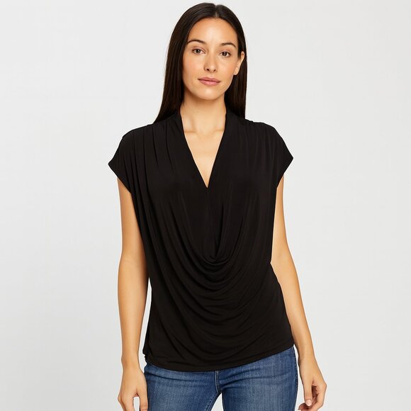 ECI Black V Neck Cap Sleeve Short Sleeve Top Size L - Picture 1 of 6